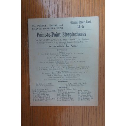1952 PENDLE FOREST and CRAVEN HARRIERS HUNT POINT TO POINT RACECARD @ SAWLEY