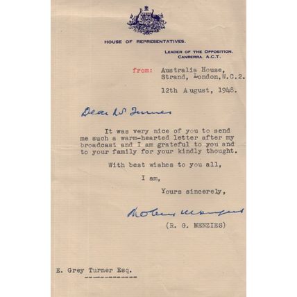 Robert Menzies Former Australian Prime Minister Antique Hand Signed Letter