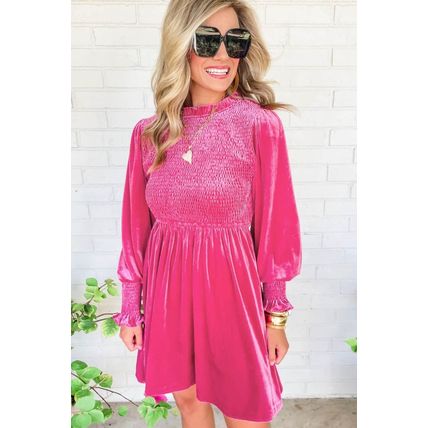 Rose Frilled Neck Smocked Bodice Velvet Dress