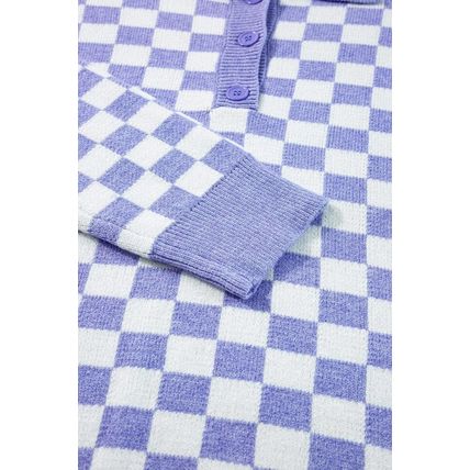 Purple Checkered Collared Buttons Plus Size Sweater