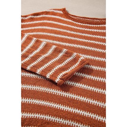 Brown Stripe Drop Shoulder Casual Sweater