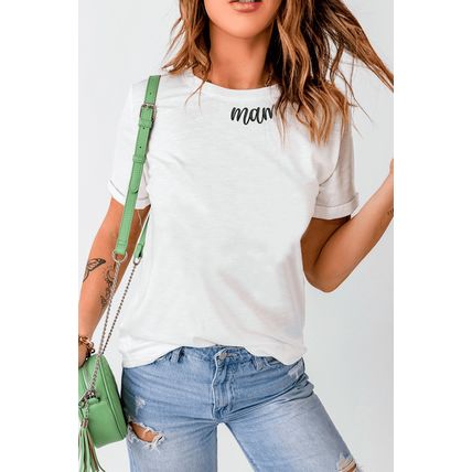 White mama Heart Embroidered Crew Neck T Shirt