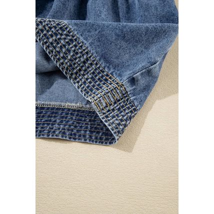 Sail Blue Plus Drawstring V Neck Puff Sleeve Denim Blouse