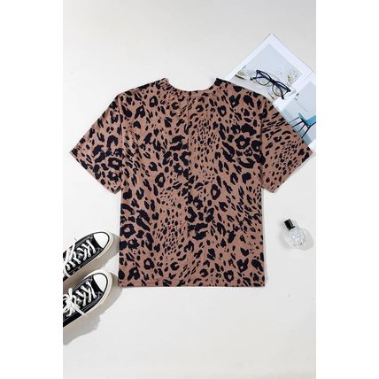 Brown Leopard Print V Neck Half Sleeve Oversized Tee