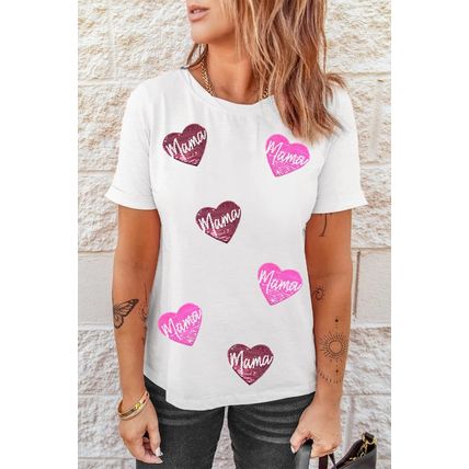 White mama Heart Shape Sequin Patched Crew Neck T Shirt