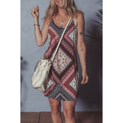 Red Geometric Paisley Print Sleeveless Shift Mini Dress
