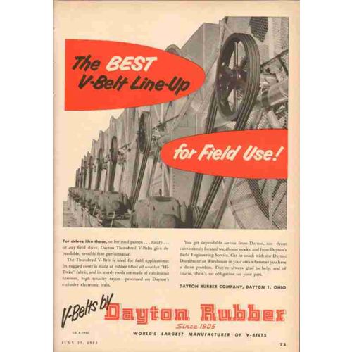 dayton rubber company 1953 best v-belt line-up oilfield use vintage ad