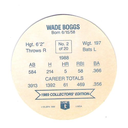 1989 Holsum Schafer's bread baseball promo disc #2 Wade Boggs Red Sox