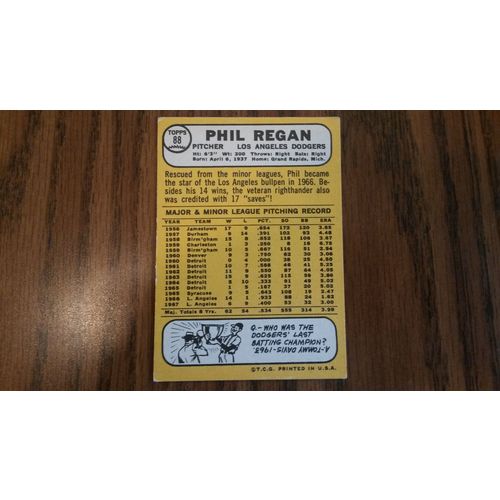 1968 Topps Card # 088 Phil Regan Very Good (3) Los Angeles Dodgers