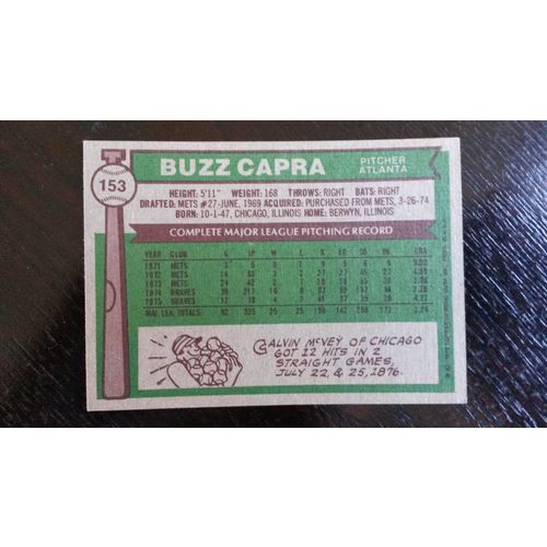 1976 Topps Card # 153 Buzz Capra Very Good (3) Atlanta Braves