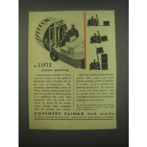 1949 Coventry Climax Fork Trucks Ad - It lifts almost anything