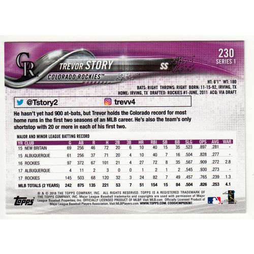 2018 Topps Series 1 baseball card 230 Trevor Story - Rockies