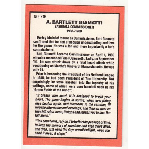 1990 Donruss baseball card 716 Commissioner Bart Giamatti