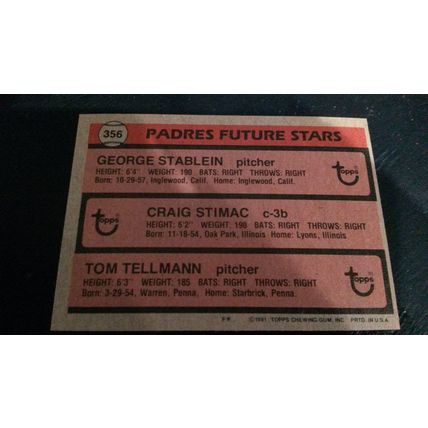 1981 Topps Card # 356 San Diego Padres Future Stars Very Good-Excellent (4)
