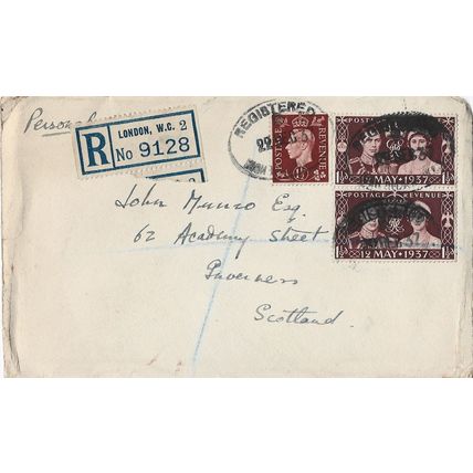 GB 1937 Registered cover to Inverness with 2 Coronation stamps on