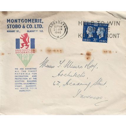 GB 1940 cover with 2 & half d stamp centenary Aberdeen pm & Help Win slogan