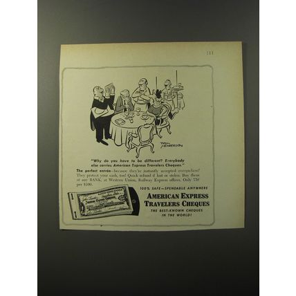 1953 American Express Travelers Cheques Ad - Cartoon by Tom Henderson