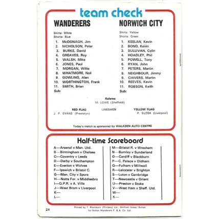 1978-79 BOLTON WANDERERs v NORWICH CITY (Very Good Condition - No Writing)