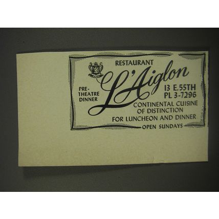 1956 L'Aiglon Restaurant Advertisement - Pre-theatre Dinner