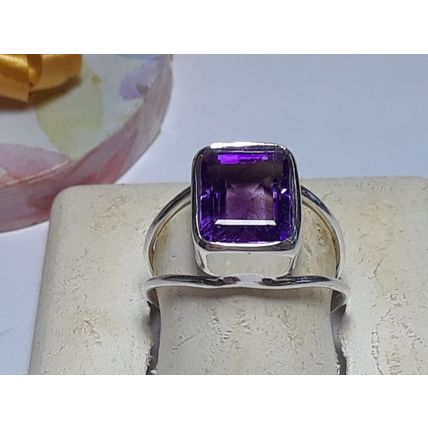 4ct Emerald Cut Amethyst 11X9mm Bezel Sterling Silver S-9 Split shank Ring#19496