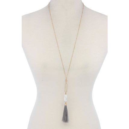 Cut Out Long Oval Bead Tassel Pendant Necklace
