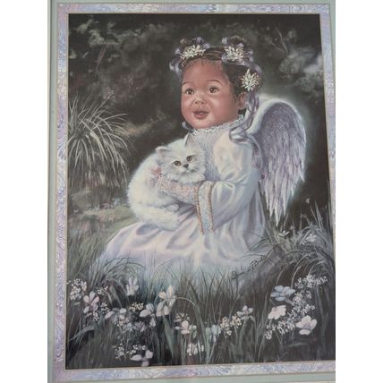 Black African American Child Angel With Kitten 18"X22" Print Framed Matted Wall