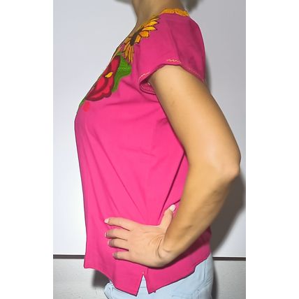 Sunflowers & Calla Lillies Embroidered Cotton Canvas Pink Blouse Chiapas Mexico
