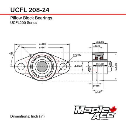 MAPLE ACE UCFL208-24 Flange Bearing 1/2" Bore, Oval 2-Bolt Self-Aligning, Solid