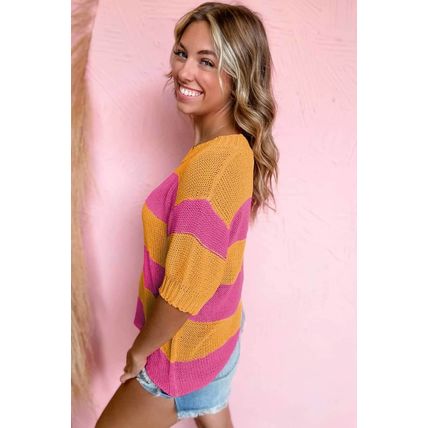 Orange Stripe Color Block Knitted T-shirt Sweater