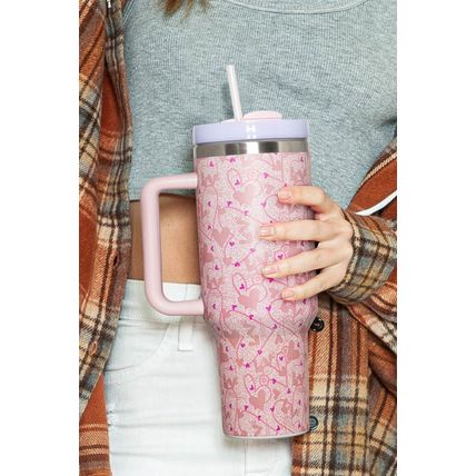 Apricot Pink Valentine Heart Shaped Print Stainless Steel Vacuum Cup