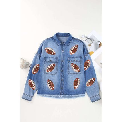 Sky Blue Sequin Rugby Graphic Flap Pockets Raw Hem Game Day Denim Jacket