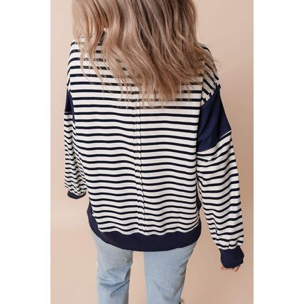 White Stripe Color Block Exposed Seam Loose Fit Sweatshirt