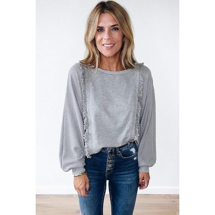Light Grey Waffle Patchwork Long Sleeve Raw Hem Pullover Top
