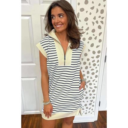 Blue Stripe Quarter Zip Collared Cap Sleeve Mini Dress