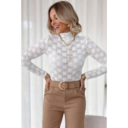 White Floral Lace High Neck Long Sleeve Top