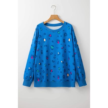 Sky Blue Leopard Ribbed Edge Drop Shoulder Pullover Sweatshirt