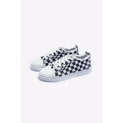 Black Checkered Print Raw Edge Lace-up Canvas Shoes