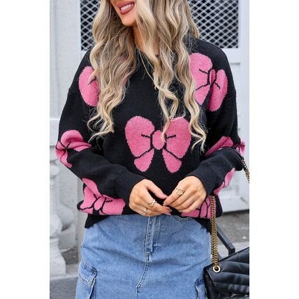 Black Valentine Bowknot Knitted Round Neck Fashion Sweater