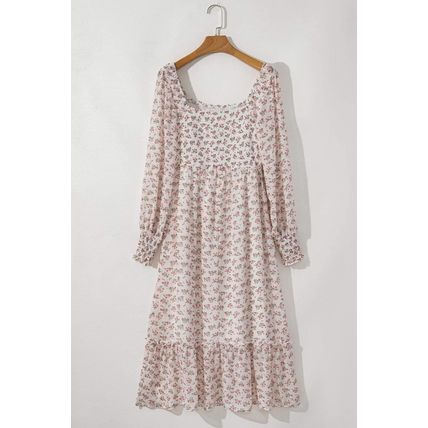 White Floral Print Shirred Ruffled Hem Square Neck Midi Dress