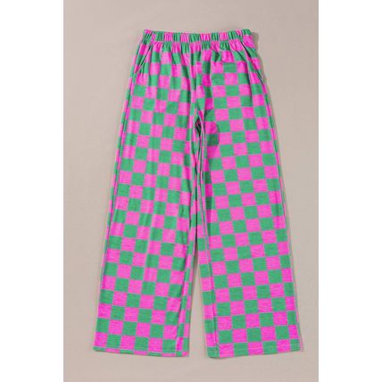 Green 2-Tone Checked Print High Waist Wide Leg Pants