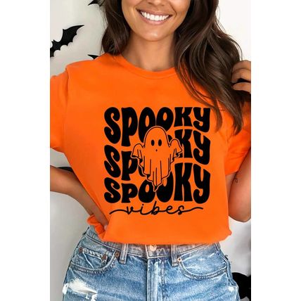 Orange SPOOKY Vibe Ghost Print Crewneck Halloween T Shirt
