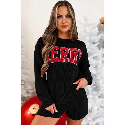 Black Corded MERRY Graphic Long Sleeve Top and Shorts Set