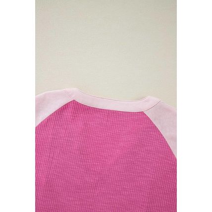 Bright Pink Textured Colorblock 3/4 Sleeve Oversize Top