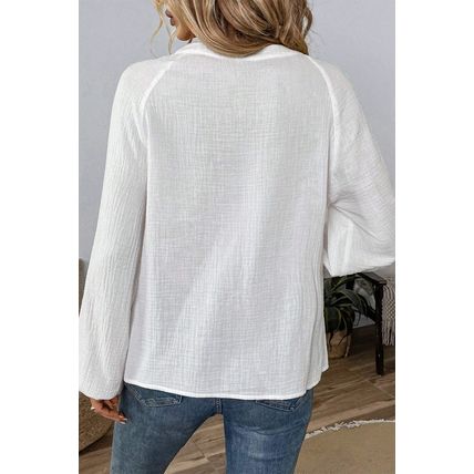 White Paisley Embroidered Textured Split Neck Long Puff Sleeve Blouse