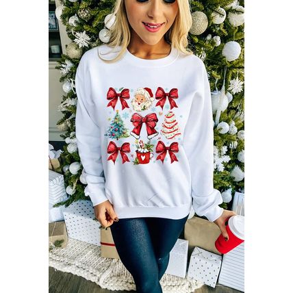 Beige Christmas Tree Bowknot Santa Clause Graphic Holiday Sweatshirt