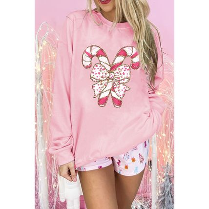Pink Christmas Bow Candy Cane Graphic Drop Shoulder Crew Neck Sweatshirt