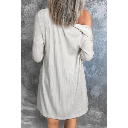 White Solid Color Ribbed Button up Tunic Cardigan
