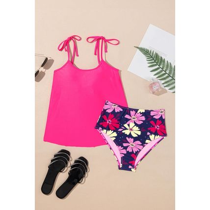 Rose Red Tie Shoulder Floral Print Cute Tankini Set