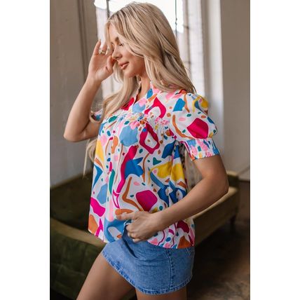Multicolour Abstract Print Lace Detail Shirred Short Sleeve Split Neck Blouse
