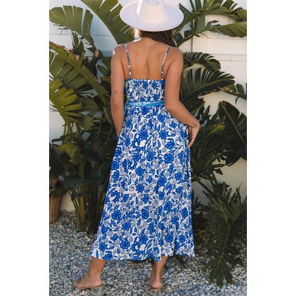 Blue Floral Printed Spaghetti Strap Maxi Dress with Waist Tie